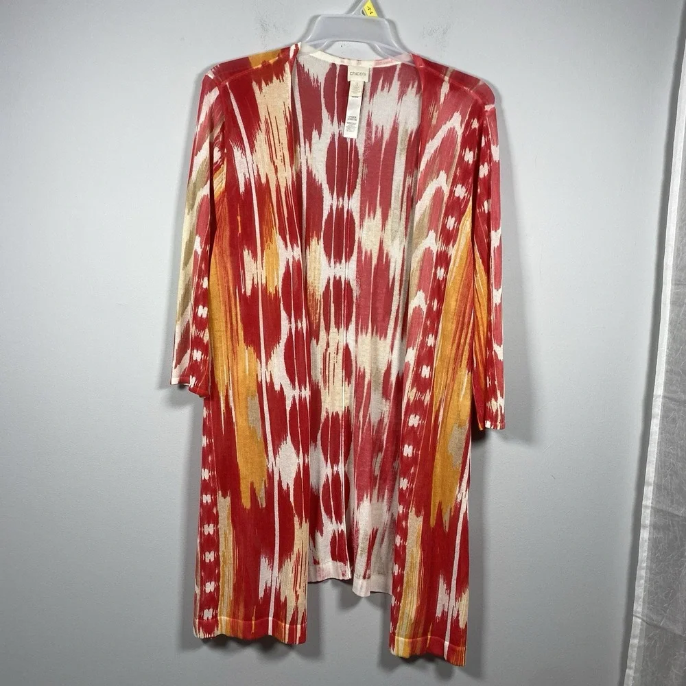 Chico's Cardigan Women's 3 XL Red Orange Side Slits Open Front 3/4‎ Sleeve Artsy